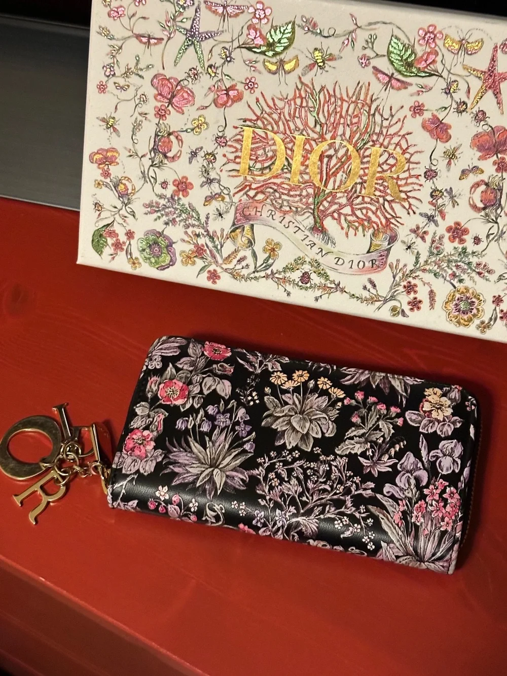 Dior Calfskin Millefiori Printed Lady Dior Zip Wallet Floral Black